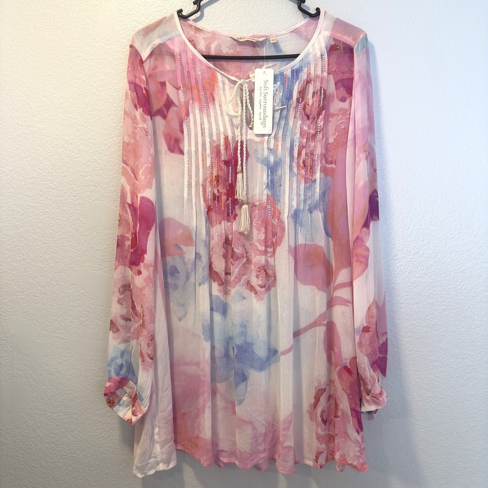 Soft Surroundings Size-L Bed Of Roses Floral Beaded  Tunic Top Watercolor‎ $120